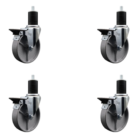 Service Caster 5'' Semi Steel Swivel 1-3/4'' Expanding Stem Caster Set with Brake, 4PK SCC-EX20S515-SSR-PLB-134-4